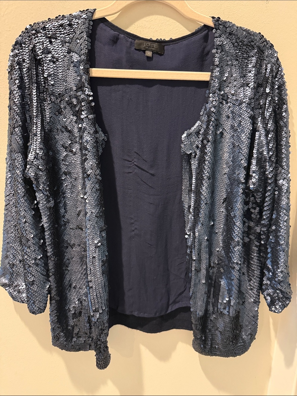 J. Crew Collection Navy Midnight  blue Sequin Open Bolero silk lining size Large